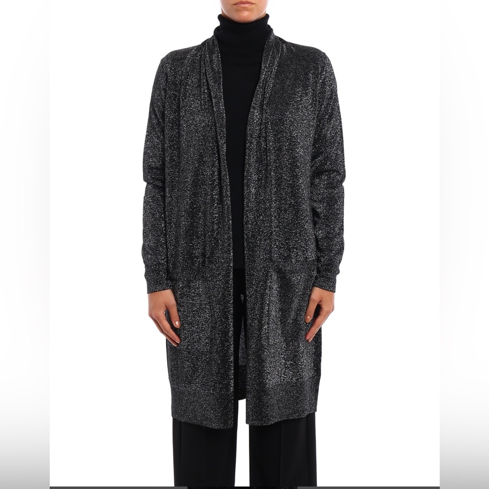 Michael Kors Black & Silver Metallic Long Open Front Cardigan Size Large